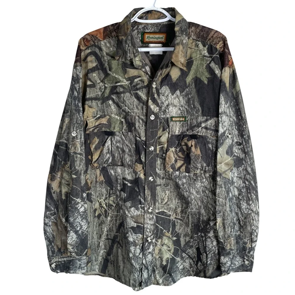 Remington Mossy Oak Camo Hunting Shirt Mens XL Button Down Nylon Pockets Stretch